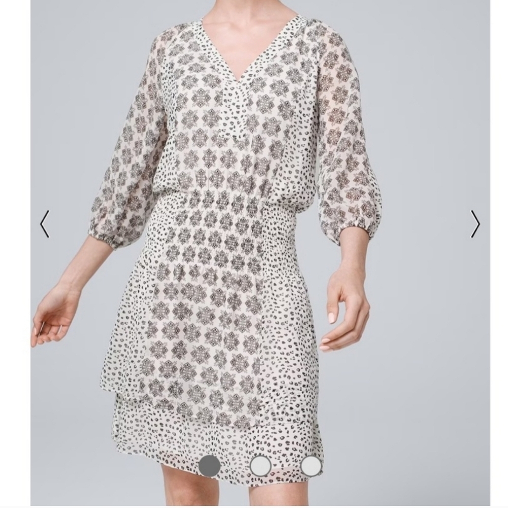 WHBM V Neck Mix Print Quarter Sleeves Blouson Short Dress size XS